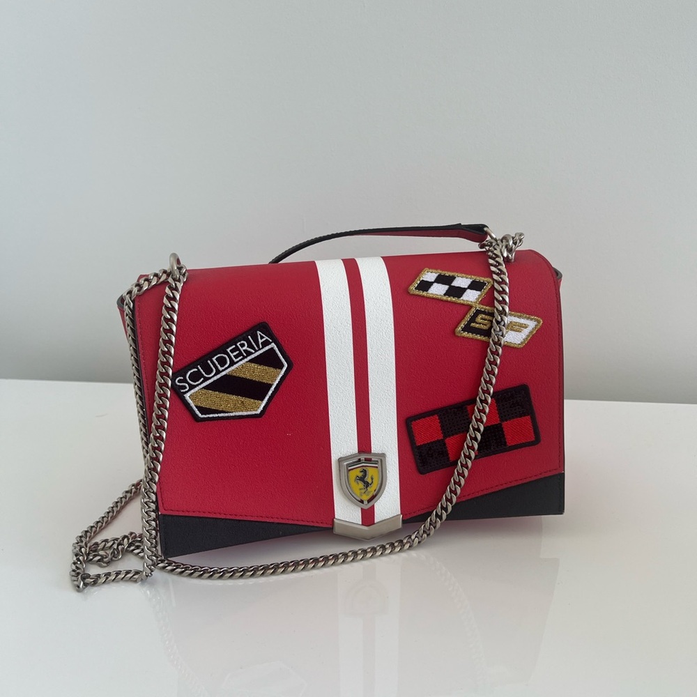 Scuderia Ferrari Red and White Shoulder Bag with Chain Strap and Stripes